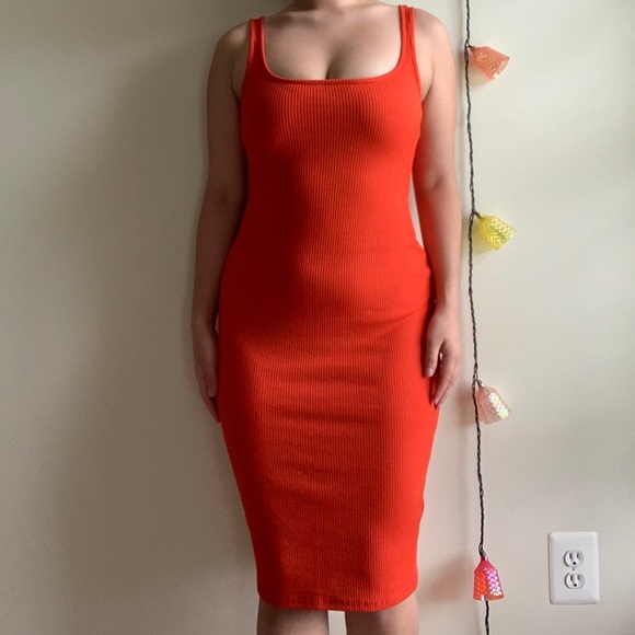 neon orange midi dress